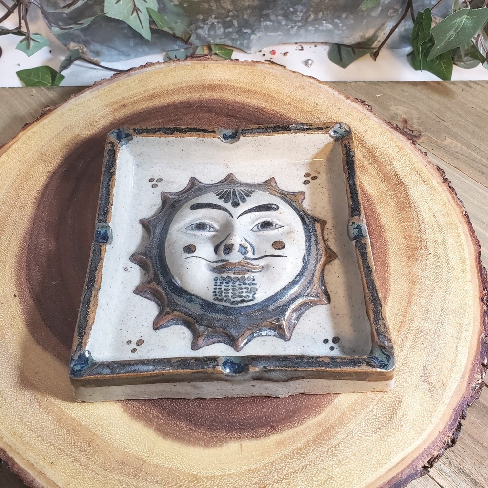 Vintage 1960s Tonala Mexico Ceramic Ashtray Sun Face Design 5"x5"